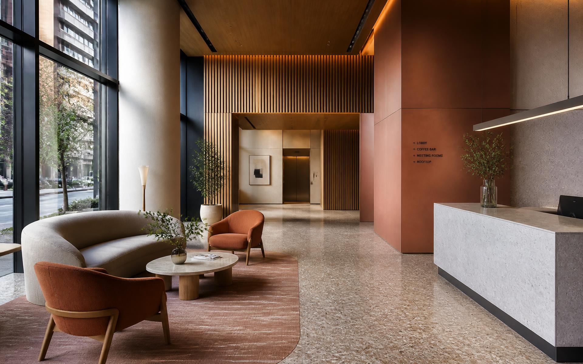 Commercial lobby finished with terrazzo flooring and warm oak wall panels