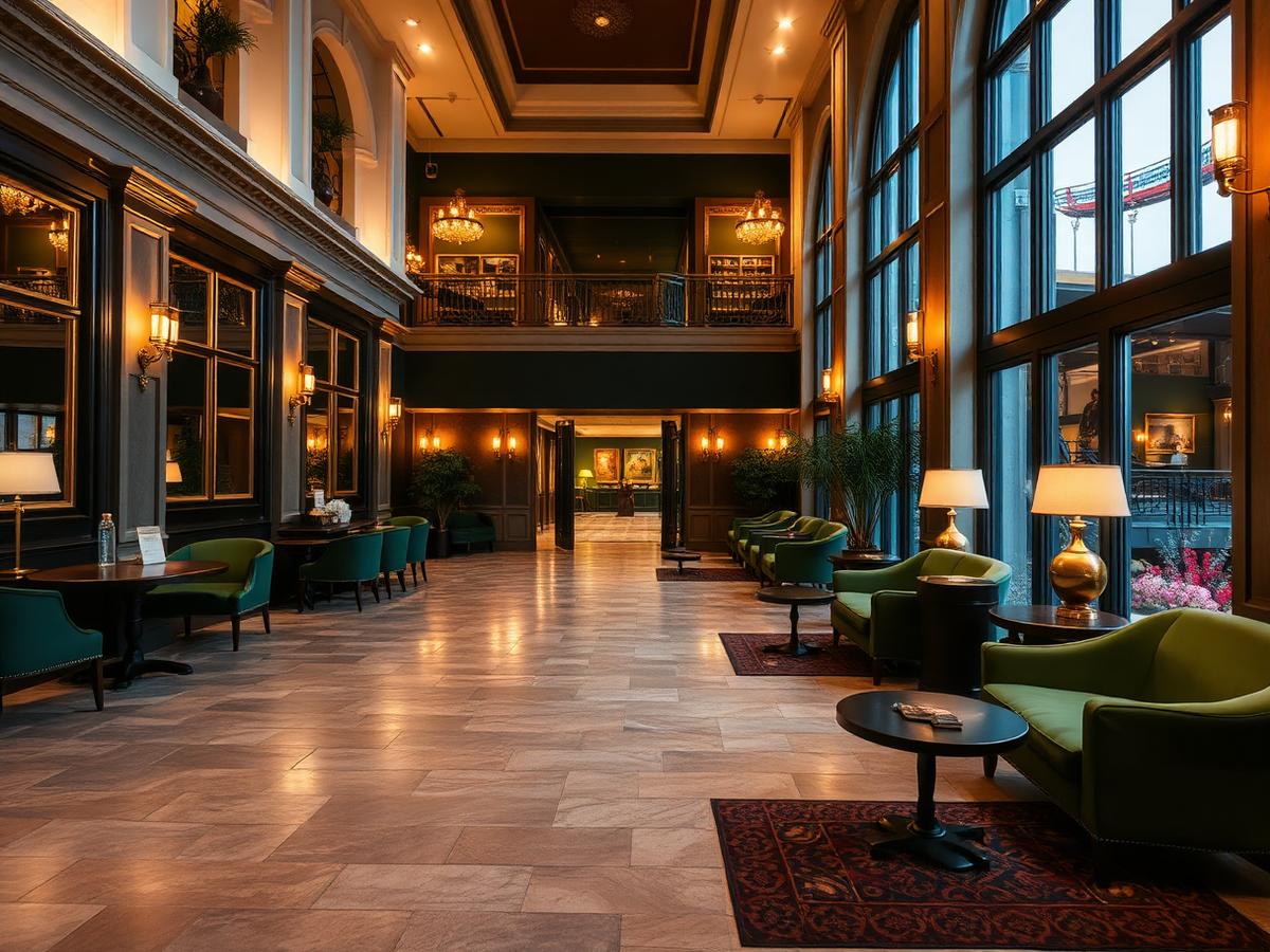 Hotel lobby with patterned stone flooring