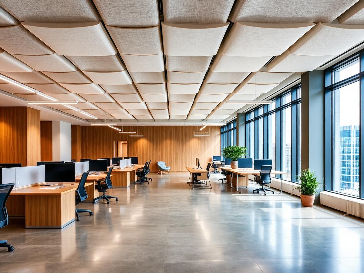 Open plan office with polished concrete flooring